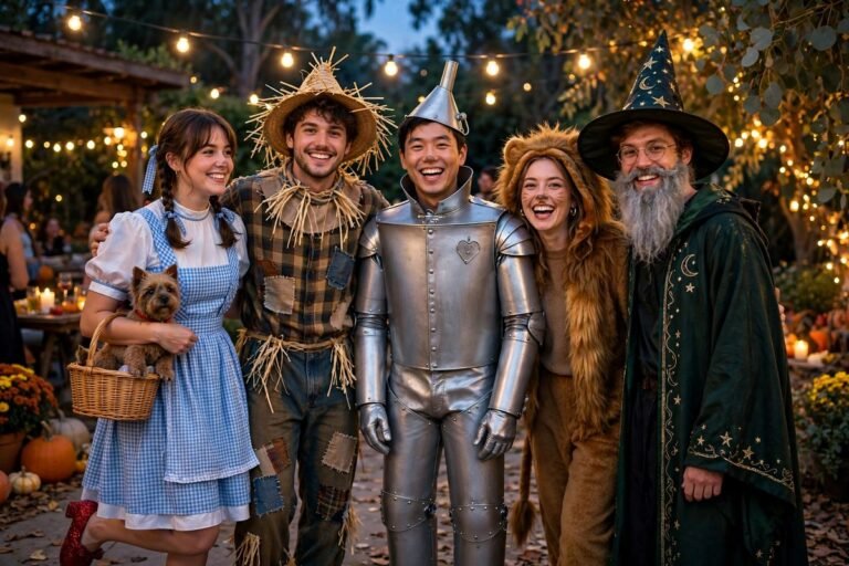 Group of friends in Wizard of Oz Halloween costumes