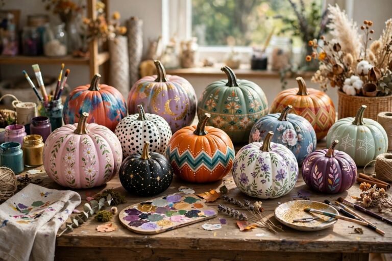 Table covered with beautifully painted pumpkins in various designs