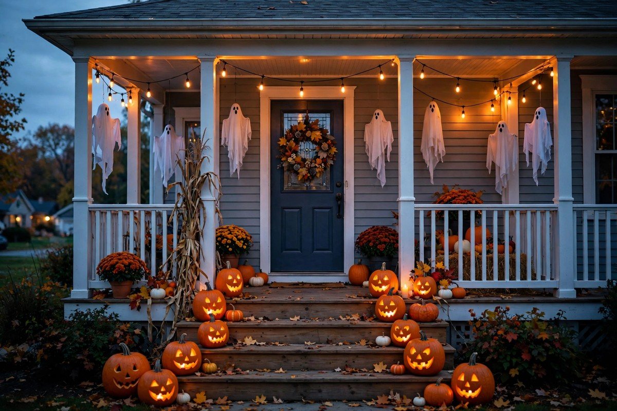 Halloween porch decorated with glowing jack-o-lanterns and string lights at dusk