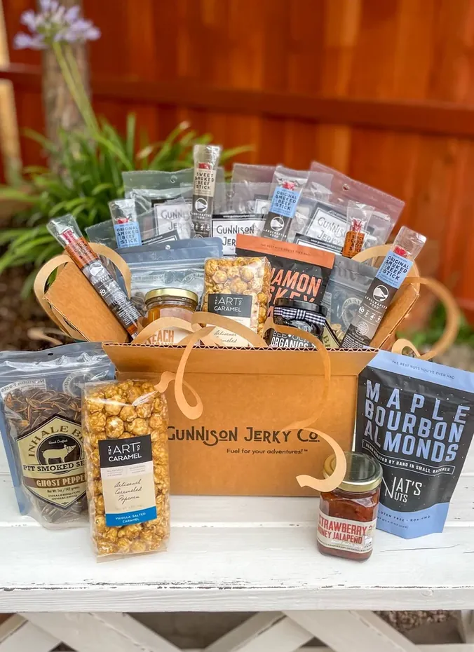 Jerky and nuts gift box with beef jerky packs, snack sticks and flavored nuts