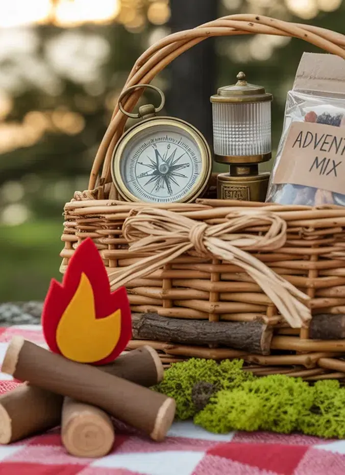 Camping gift basket with compass, lantern and trail mix on a picnic blanket