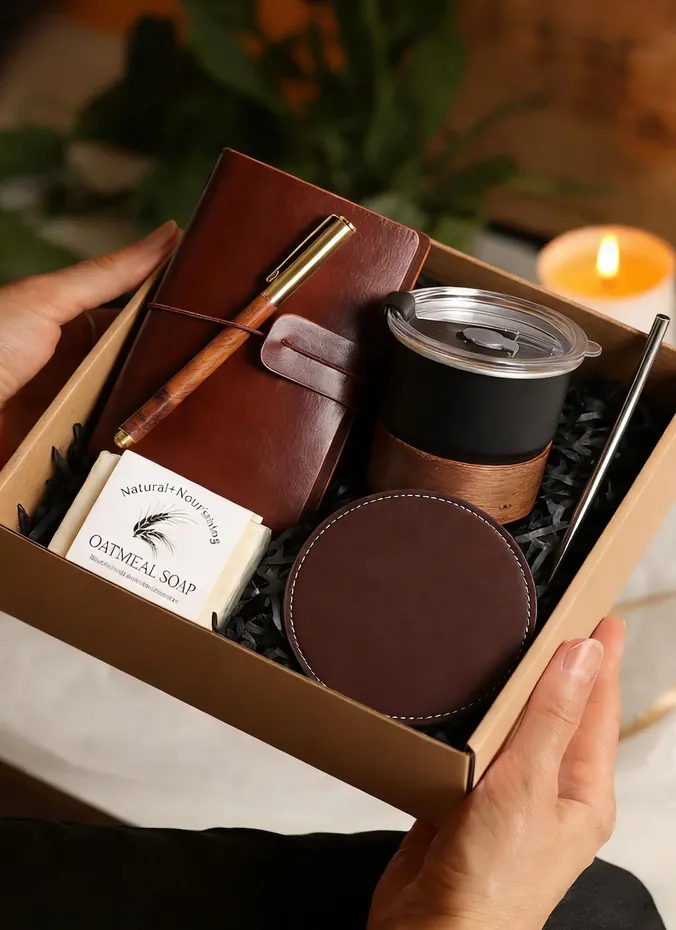 Reading gift box with leather journal, pen, insulated mug and coaster