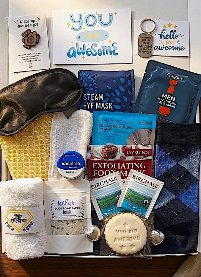 Sleep gift box for men with sleep mask, cozy socks, foot soak and tea