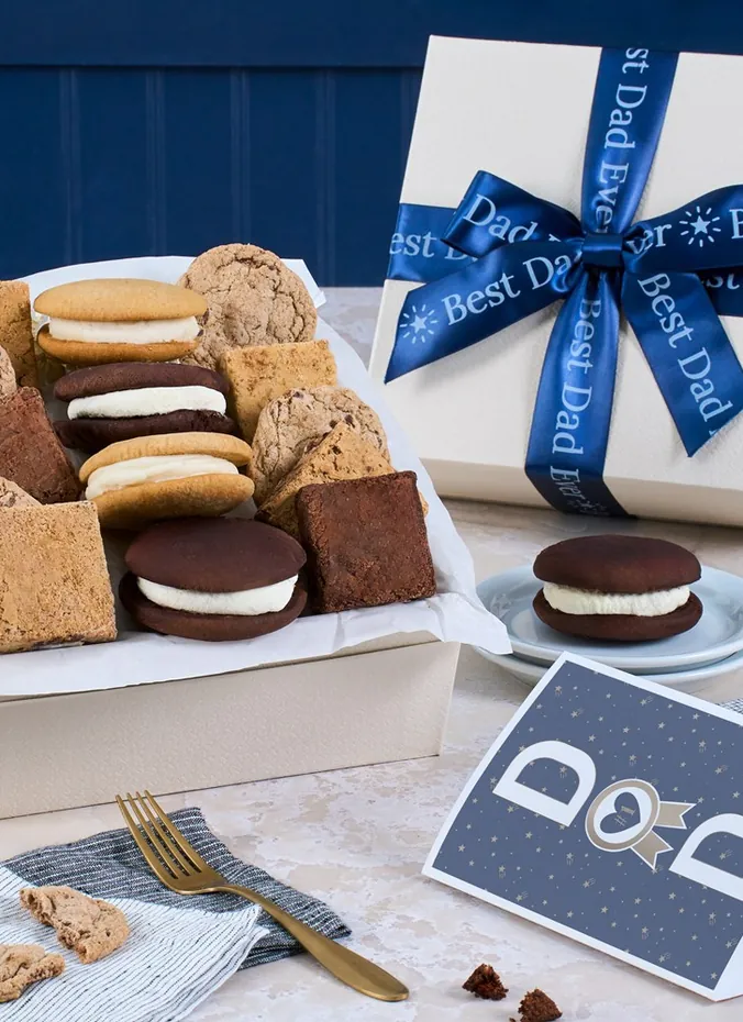 Fathers Day dessert gift box with cookies, brownies and whoopie pies