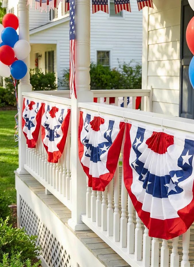 Red white and blue patriotic bunting swagged along a front porch railing