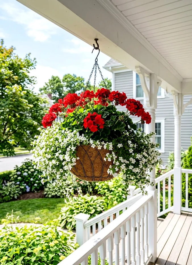 Hanging flower baskets with red white and blue blooms on a porch