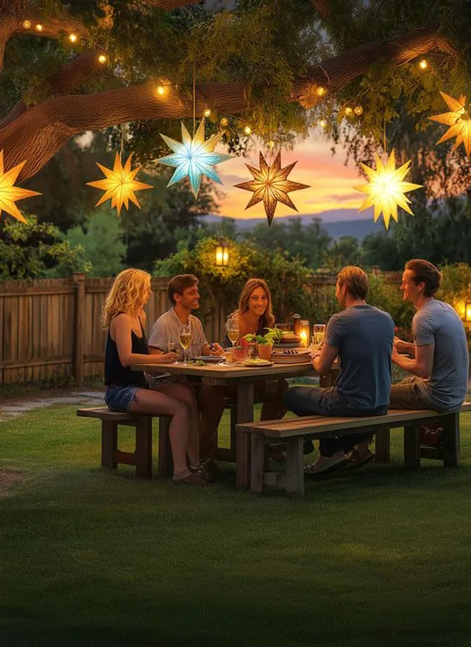 Star shaped string lights draped above an outdoor party table at dusk