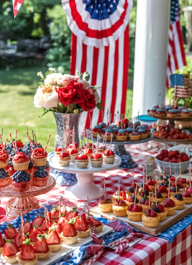 4th of july dessert table with red white and blue fringe backdrop