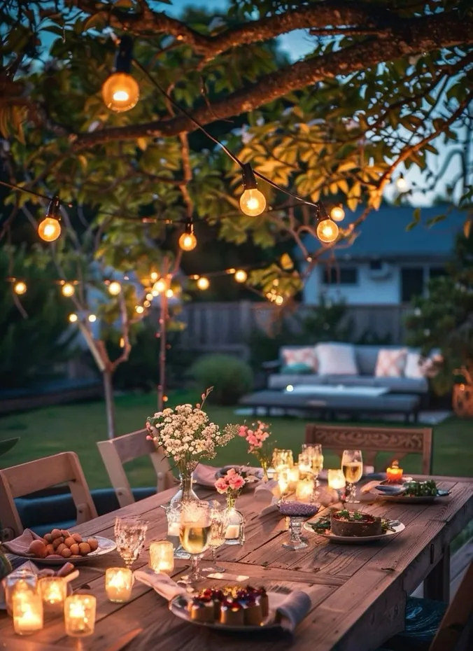 Red white and blue string lights glowing over a backyard patio at night