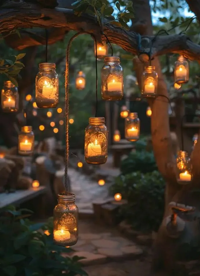 Mason jar luminaries with candles glowing along a garden path at night