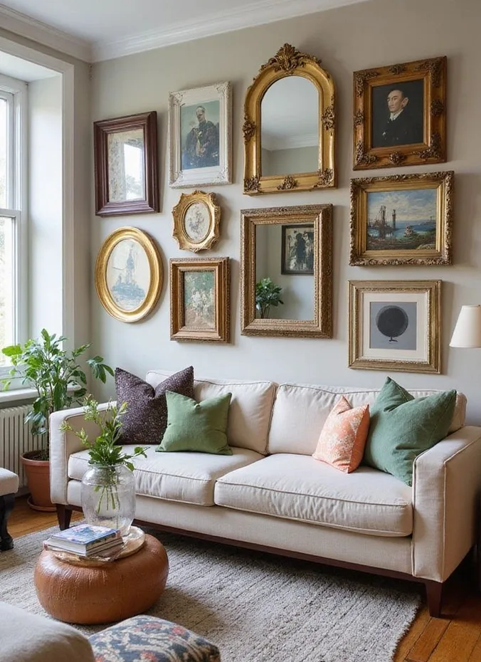 Gallery wall of thrifted frames above a sofa in an apartment living room