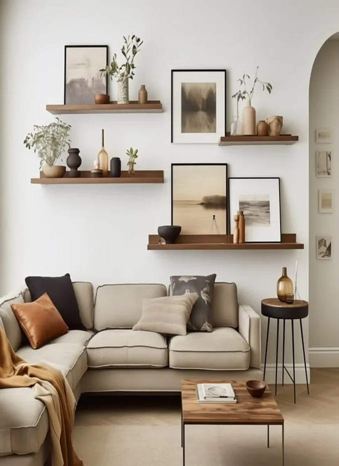 Floating shelves with books and decor above a sofa in an apartment living room