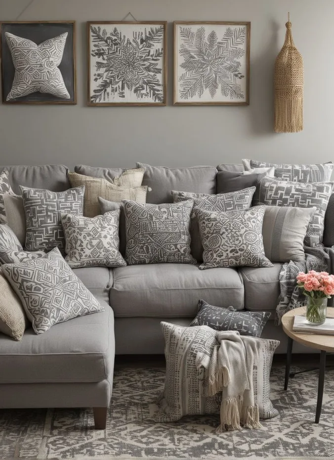 Sofa with mixed throw pillows in different patterns and textures
