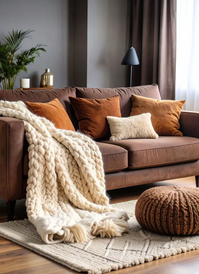 Chunky knit throw blanket draped over a sofa in a cozy living room