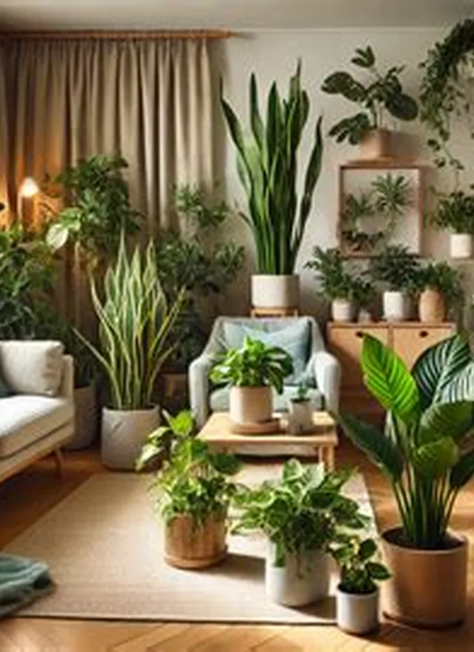Indoor plants of different sizes bringing life to an apartment living room corner