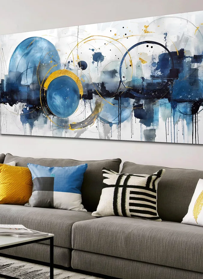 Large DIY abstract painting hanging above a sofa in a living room