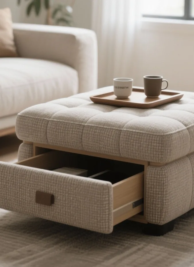 Storage ottoman with hidden compartment in a small apartment living room