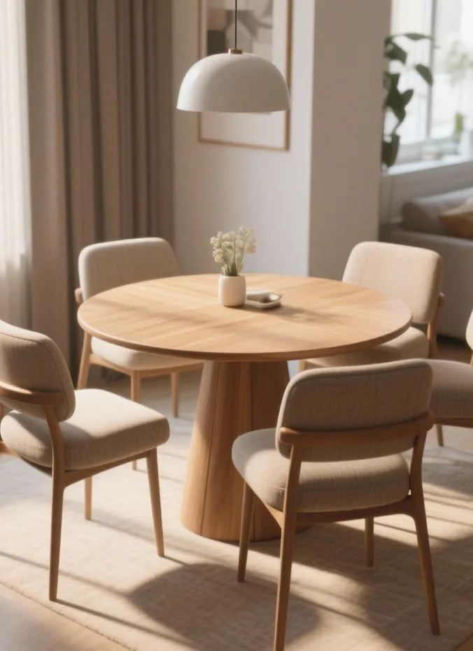 Small round dining table with chairs tucked into a living room corner