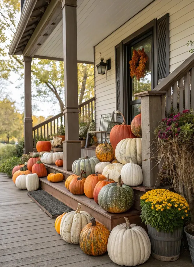 Mixed pumpkin display arranged on front porch steps