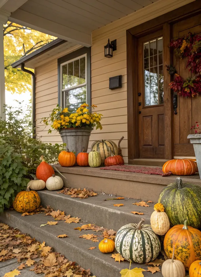 Oddly shaped gourds mixed into a pumpkin display on a porch step