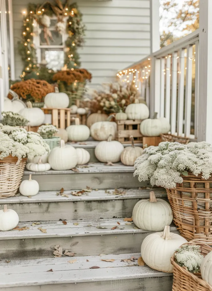 White pumpkins for a softer fall palette on a porch