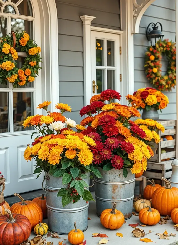 Mums in enamel buckets flanking a front porch