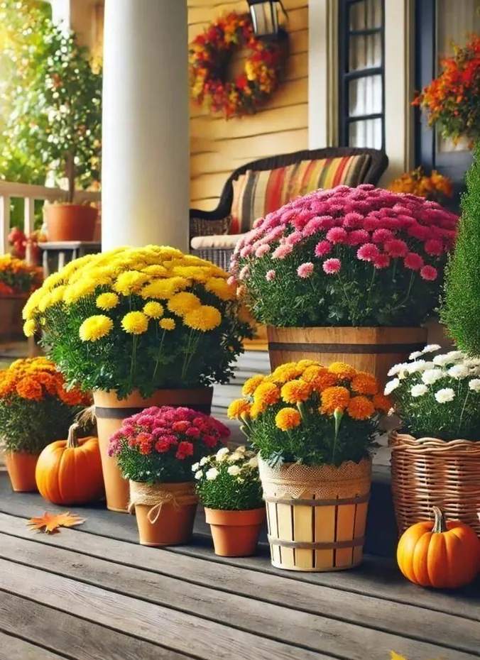 Mums swapped in for summer blooms in porch planters