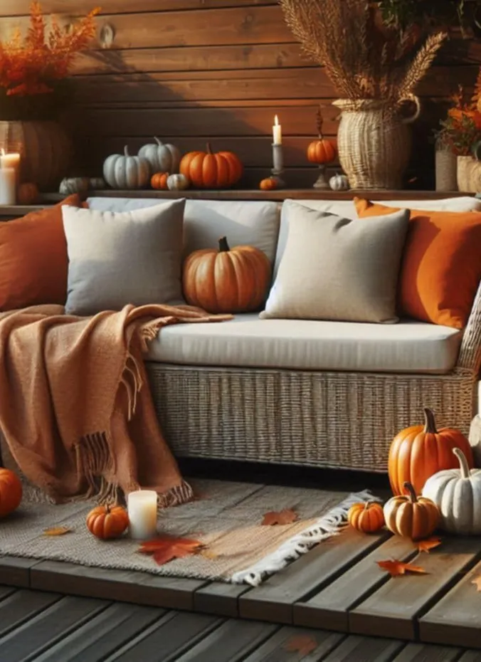 Cozy outdoor sofa with throw blankets on a fall porch