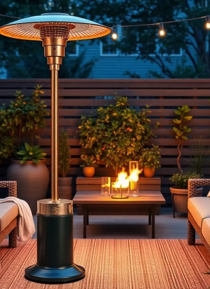 Outdoor heater warming a fall porch seating area