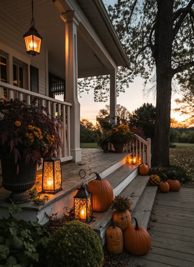 Battery candle lanterns glowing on porch steps