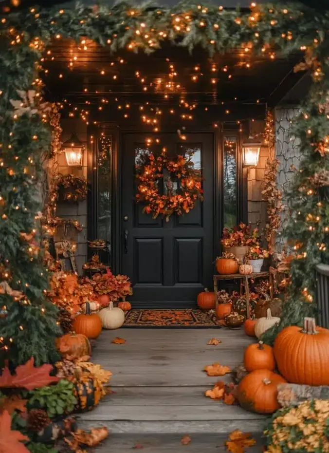 Novelty leaf shaped string lights on a fall porch