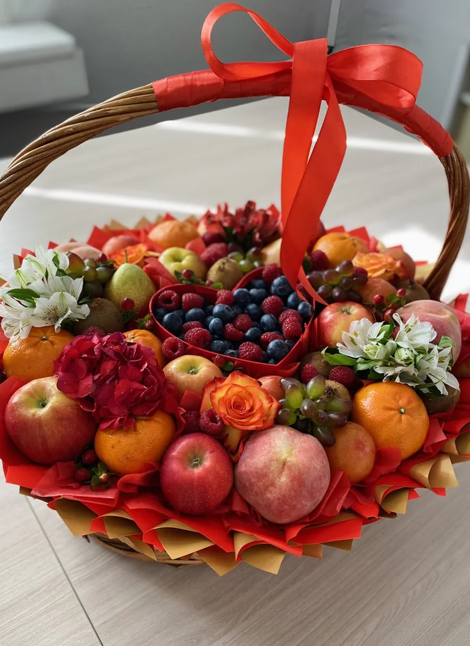 Fresh fruit gift basket with berries and summer fruits arranged beautifully