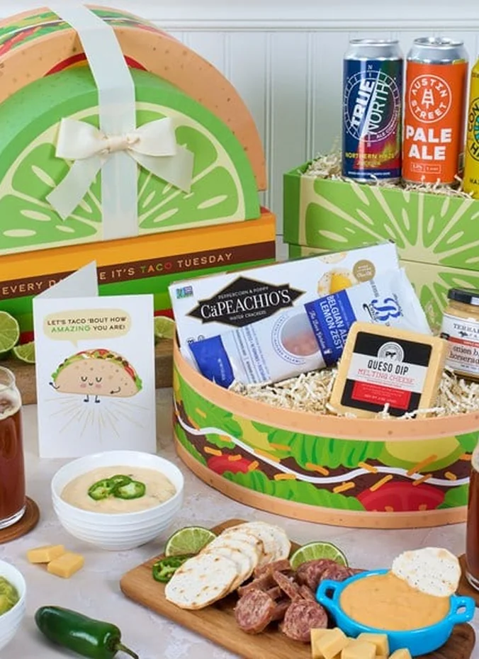 Taco night gift basket with shells salsa and seasonings for a fun dinner