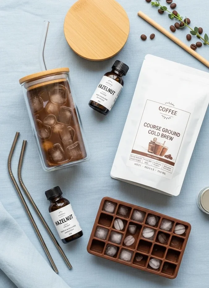 Iced coffee gift basket with cold brew tumbler and syrups
