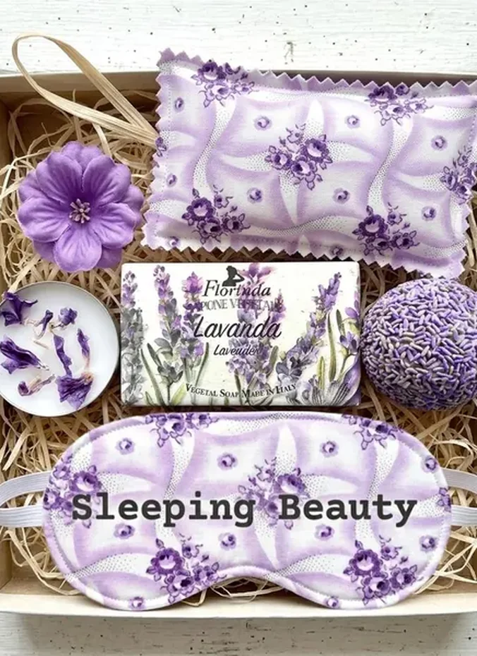 Sleep gift basket with eye mask lavender spray and herbal tea