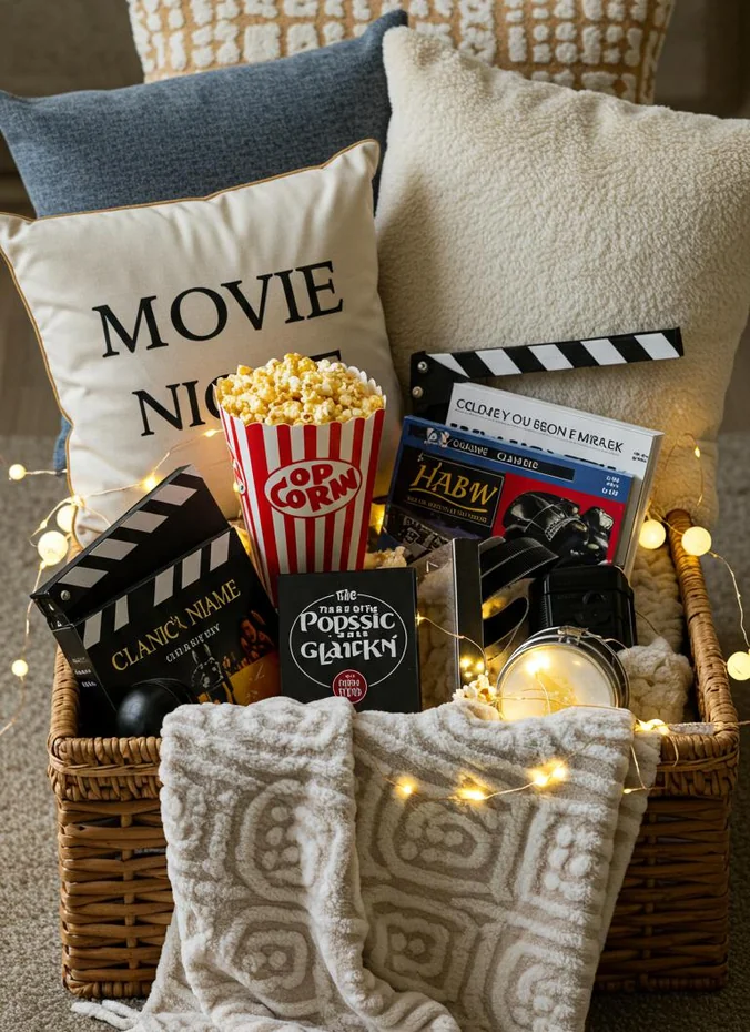 Movie night gift basket with popcorn candy and cozy blanket for outdoor films