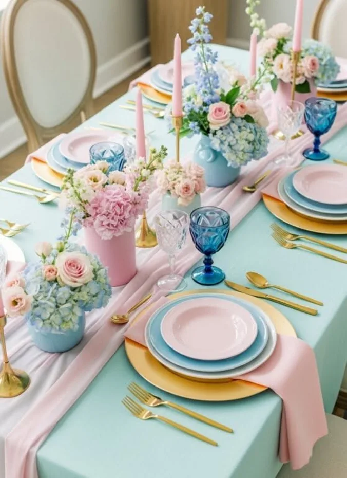 Pink and blue table runner on a party table