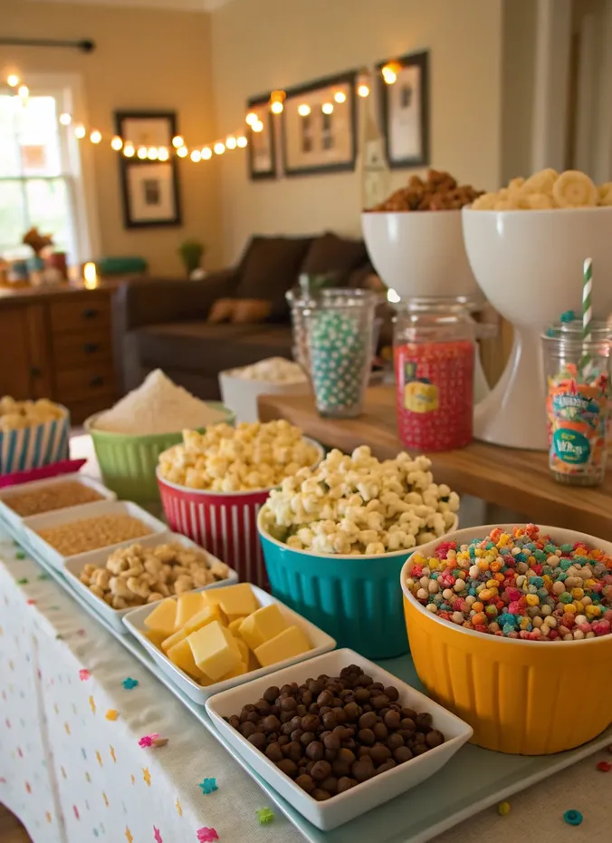 Popcorn bar with pink and blue toppings at a party
