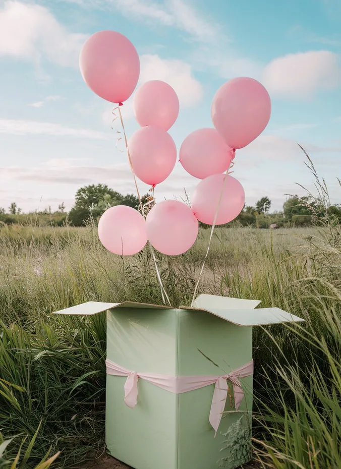 Giant box releasing pink balloons at a gender reveal