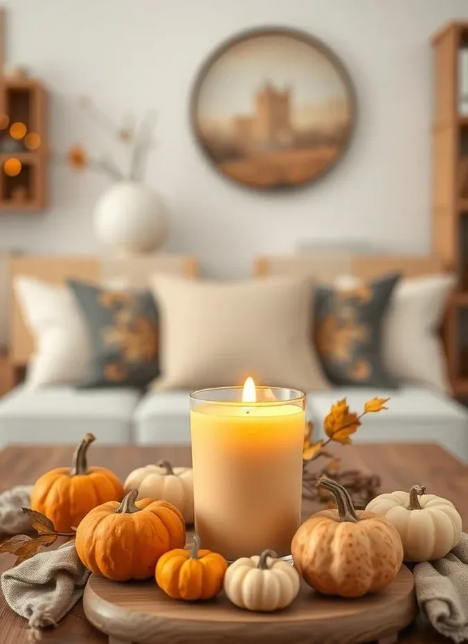 Pumpkin spice candle glowing on a table with autumn leaves
