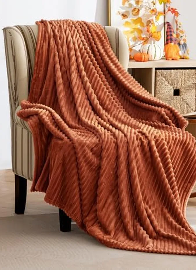 Burnt orange throw blanket draped over a cozy couch