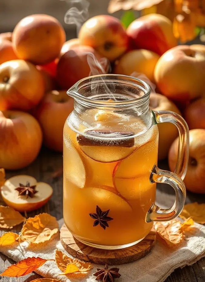 Steaming mug of spiced apple cider with cinnamon sticks