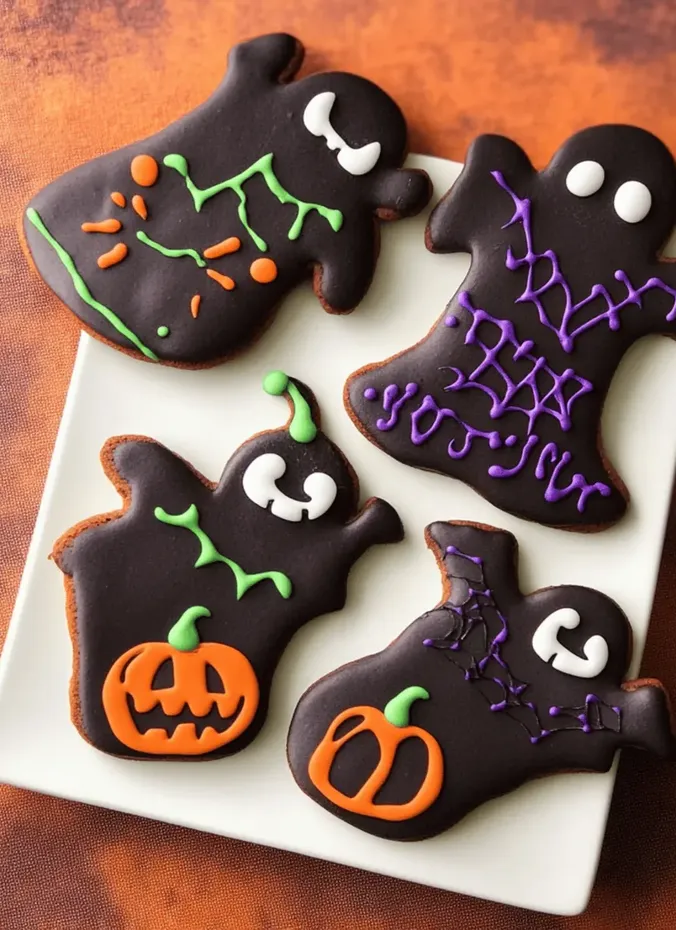 Decorated Halloween ghost cookies with colorful icing