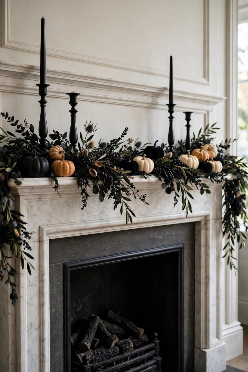 Fireplace mantel decorated for Halloween with black candlesticks and mini pumpkins