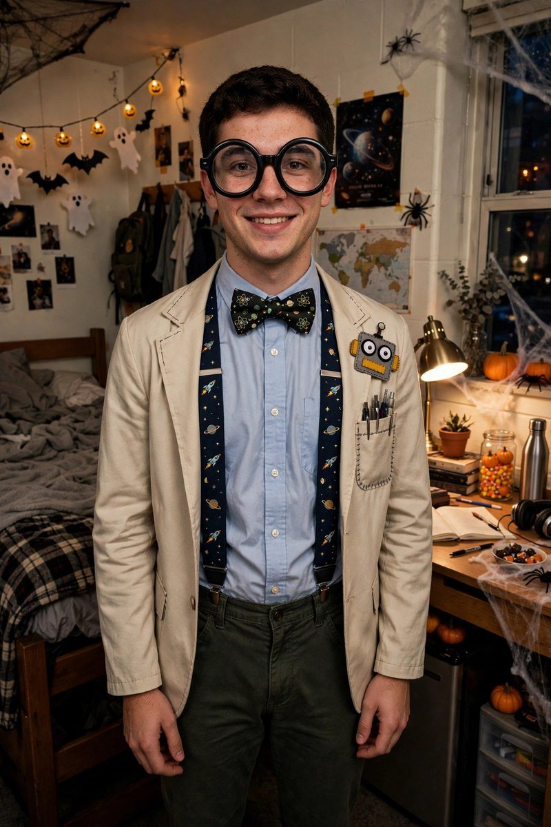 College student in a nerd Halloween costume in a dorm room
