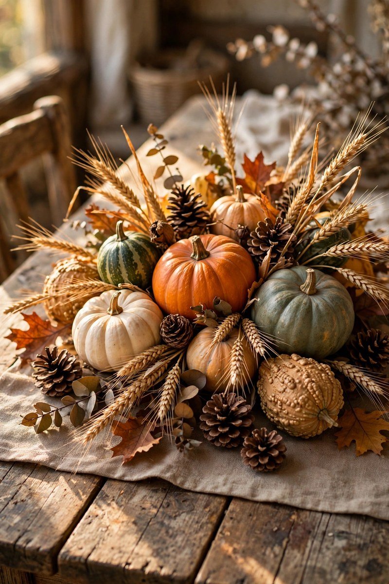 Fall fireplace mantel with pumpkins and glowing candles