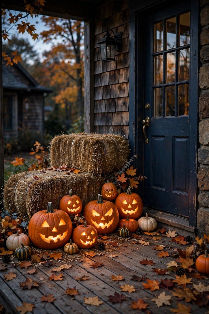Halloween porch floor display with carved pumpkins and hay bales