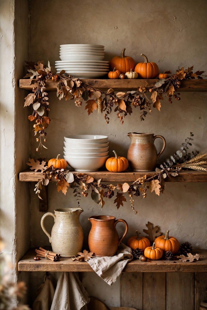Open kitchen shelves styled for fall with pumpkins and leaf garland