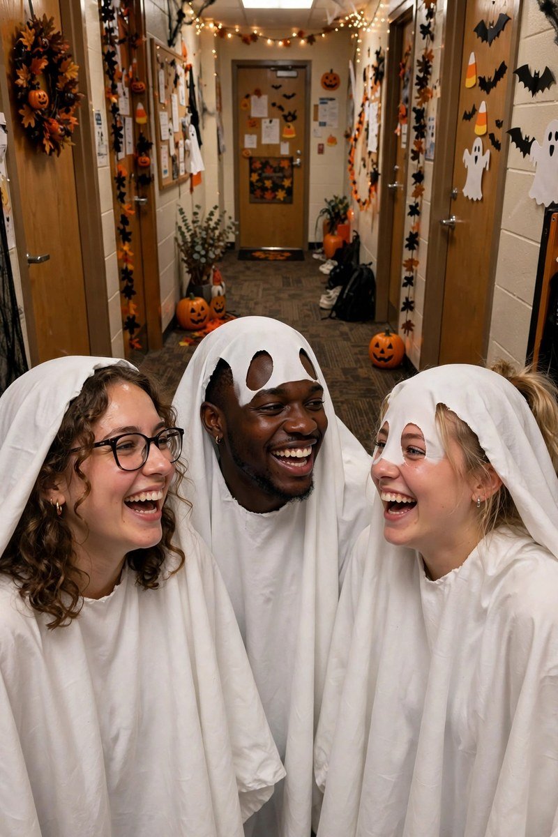 Three friends in matching ghost Halloween costumes