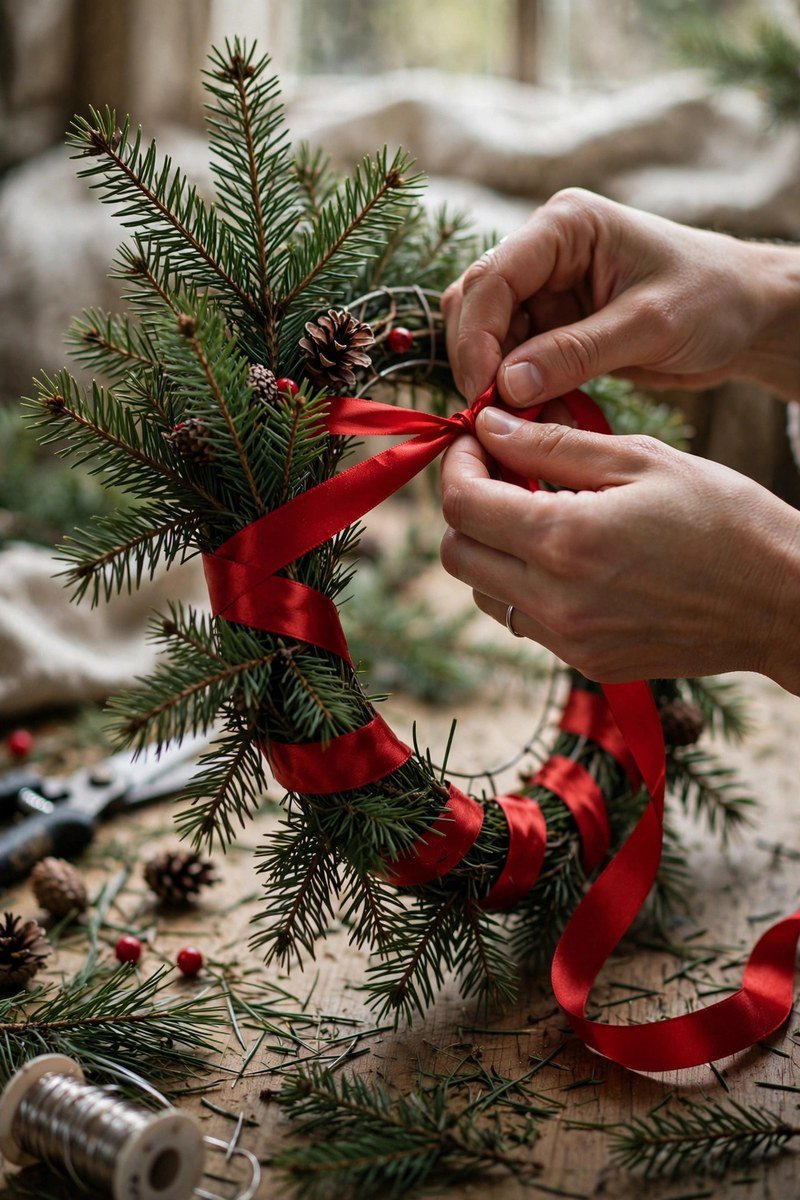 DIY Christmas wreath being made with pine branches and ribbon